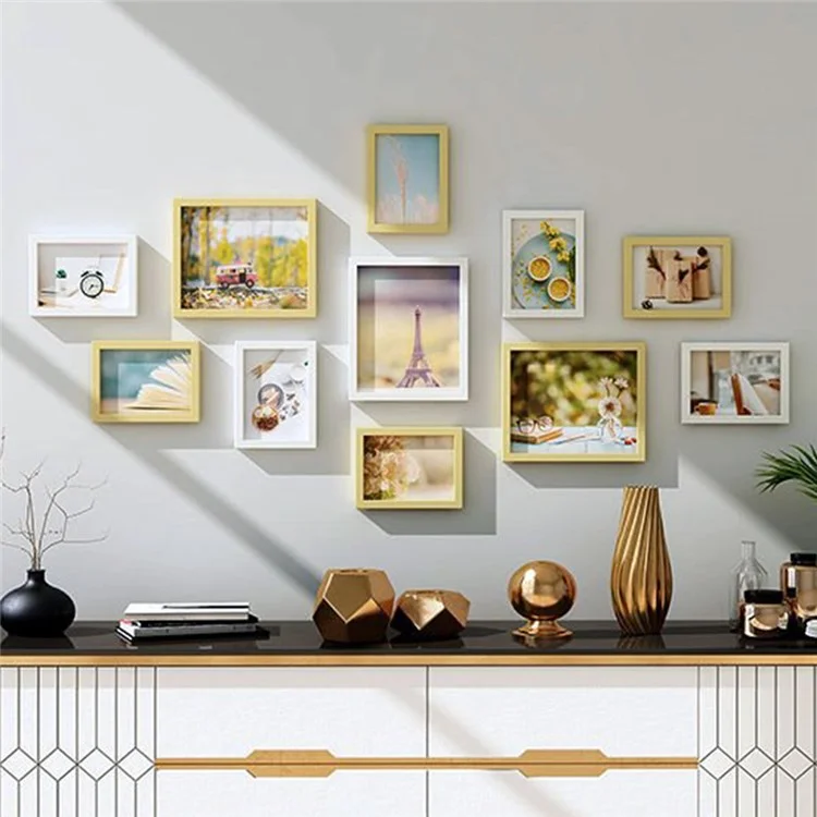 11Pcs / Set DIY Picture Frames Wall Mounted Photo Frame Home Mural Decor, 3Pcs 10-inch + 8Pcs 7-inch - White+Wood Color