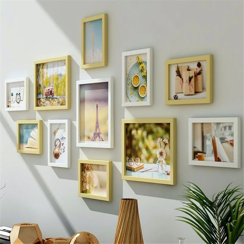 11Pcs / Set DIY Picture Frames Wall Mounted Photo Frame Home Mural Decor, 3Pcs 7-inch + 8Pcs 5-inch - White+Wood Color
