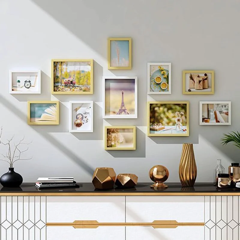 11Pcs / Set DIY Picture Frames Wall Mounted Photo Frame Home Mural Decor, 3Pcs 7-inch + 8Pcs 5-inch - White+Wood Color