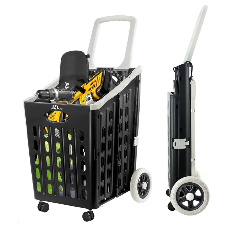 75L Supermarket Shopping Plastic Folding Grocery Cart Shopping Handcart Cargo Trolley with Universal Wheels - Black