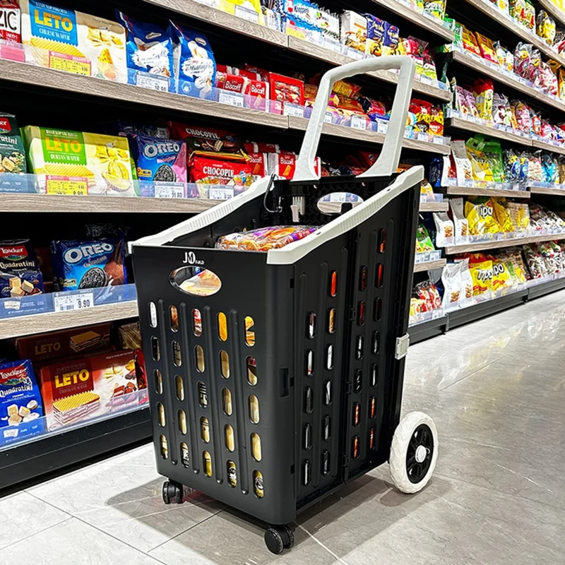 75L Supermarket Shopping Plastic Folding Grocery Cart Shopping Handcart Cargo Trolley with Universal Wheels - Black
