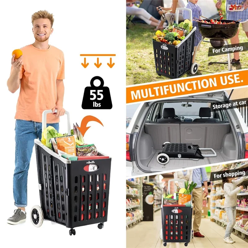 75L Supermarket Shopping Plastic Folding Grocery Cart Shopping Handcart Cargo Trolley with Universal Wheels - Black