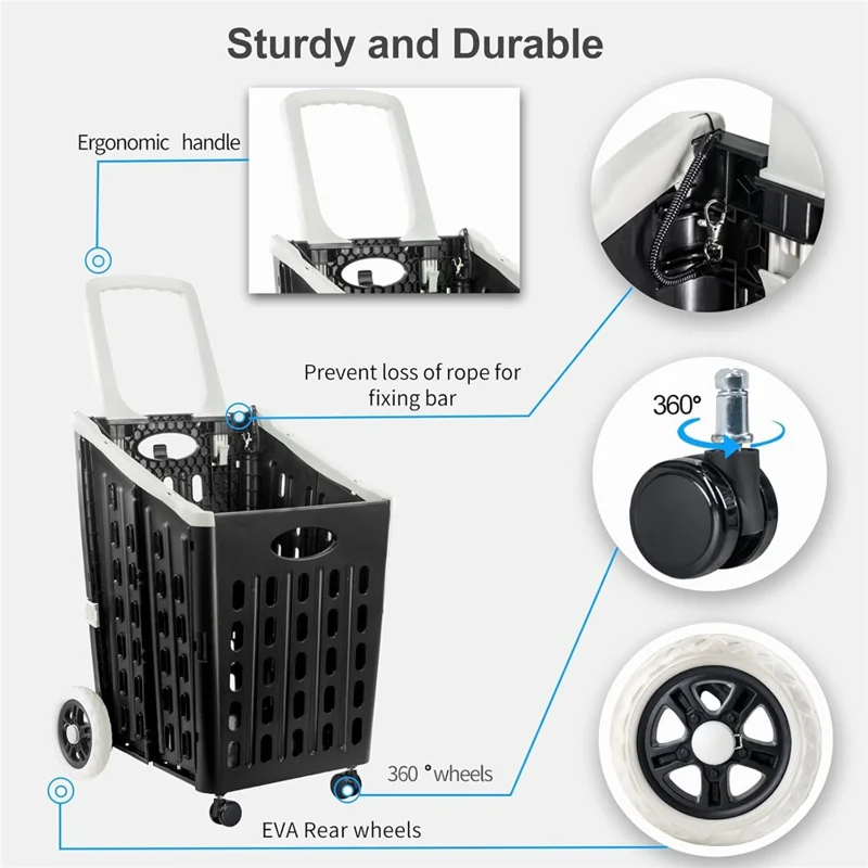75L Supermarket Shopping Plastic Folding Grocery Cart Shopping Handcart Cargo Trolley with Universal Wheels - Black