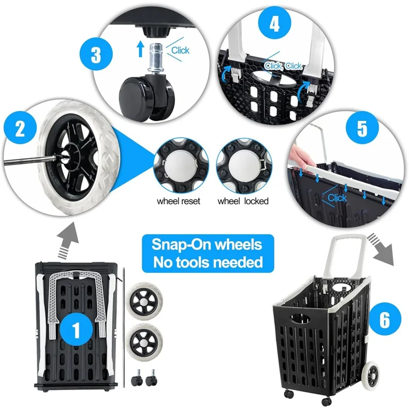 75L Supermarket Shopping Plastic Folding Grocery Cart Shopping Handcart Cargo Trolley with Universal Wheels - Black