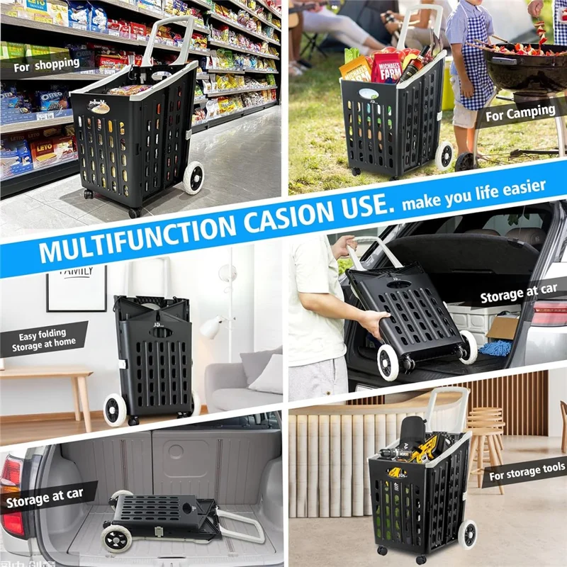 75L Supermarket Shopping Plastic Folding Grocery Cart Shopping Handcart Cargo Trolley with Universal Wheels - Black