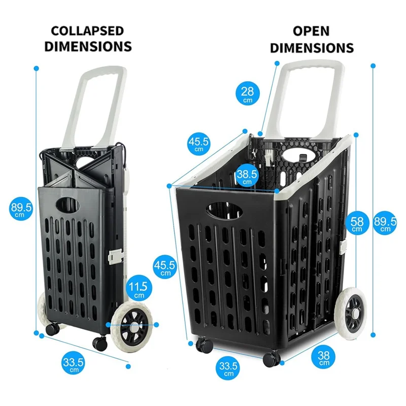 75L Supermarket Shopping Plastic Folding Grocery Cart Shopping Handcart Cargo Trolley with Universal Wheels - Black
