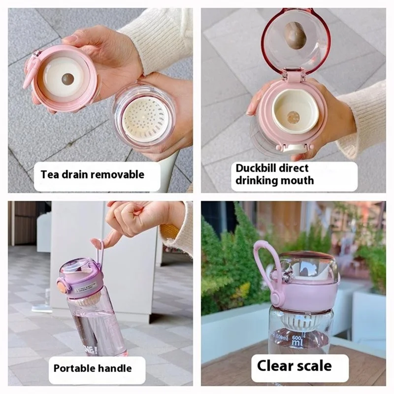 600ml Student Water Bottle Outdoor Sports Transparent Plastic Cup with Scale (No FDA, BPA Free) - Pink