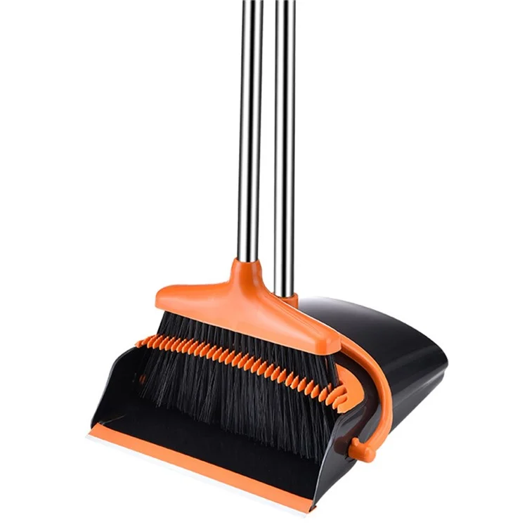 4-Section Handle Broom and Dustpan Set for Home Kitchen Office - Black / Orange