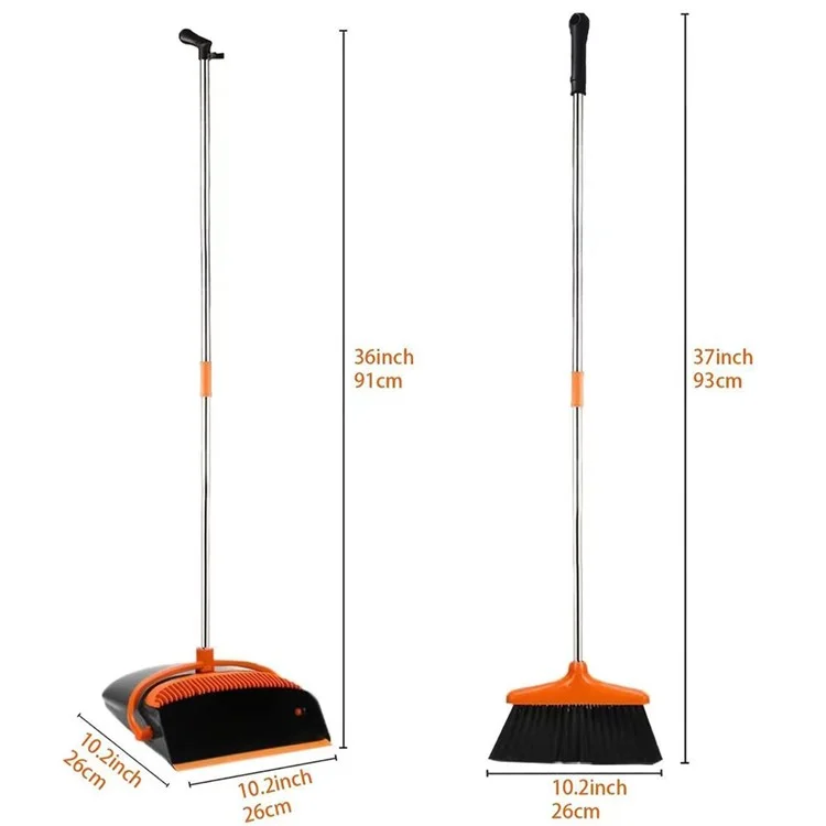 4-Section Handle Broom and Dustpan Set for Home Kitchen Office - Black / Orange