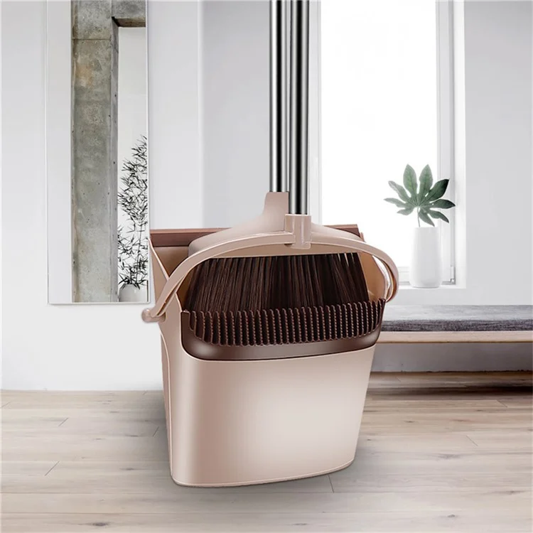 6-Section Handle Broom and Dustpan Set for Home Kitchen Office - Khaki