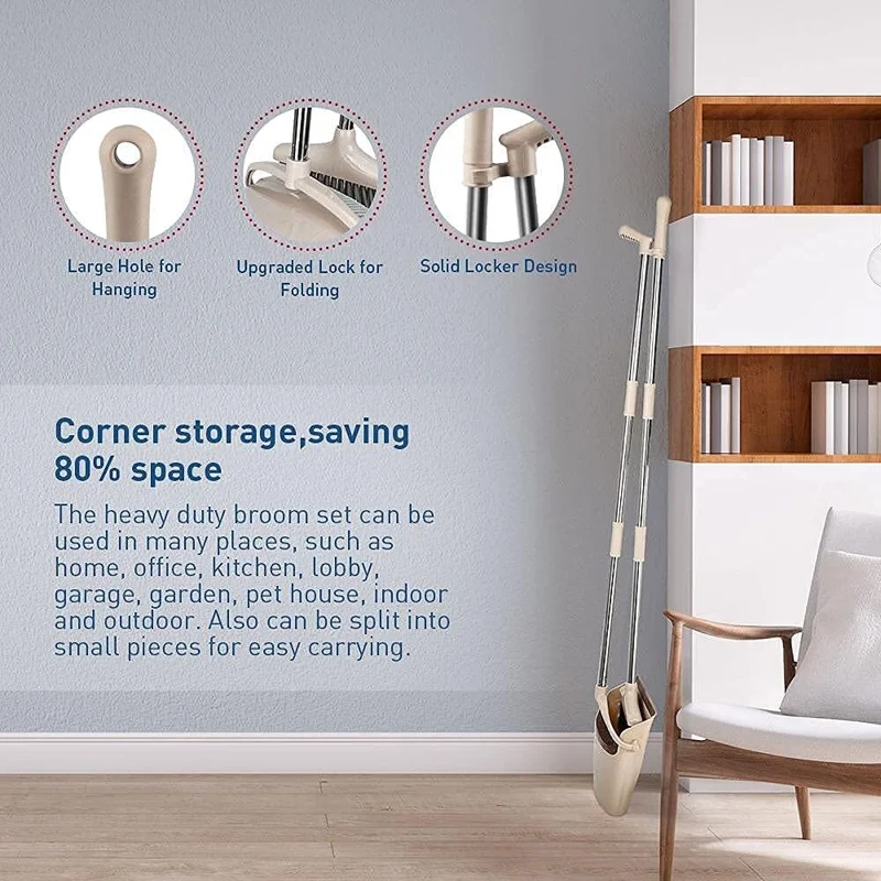 8-Section Handle Broom and Dustpan Set for Home Kitchen Office - Black / Orange