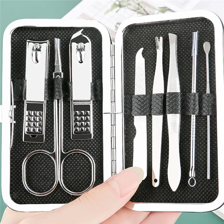 Juego de 8 Piezas de Herramientas de Manicura de Acero al Carbono, Tijeras de Pedicura, Cortaúñas, Limas - Estilo A / Negro