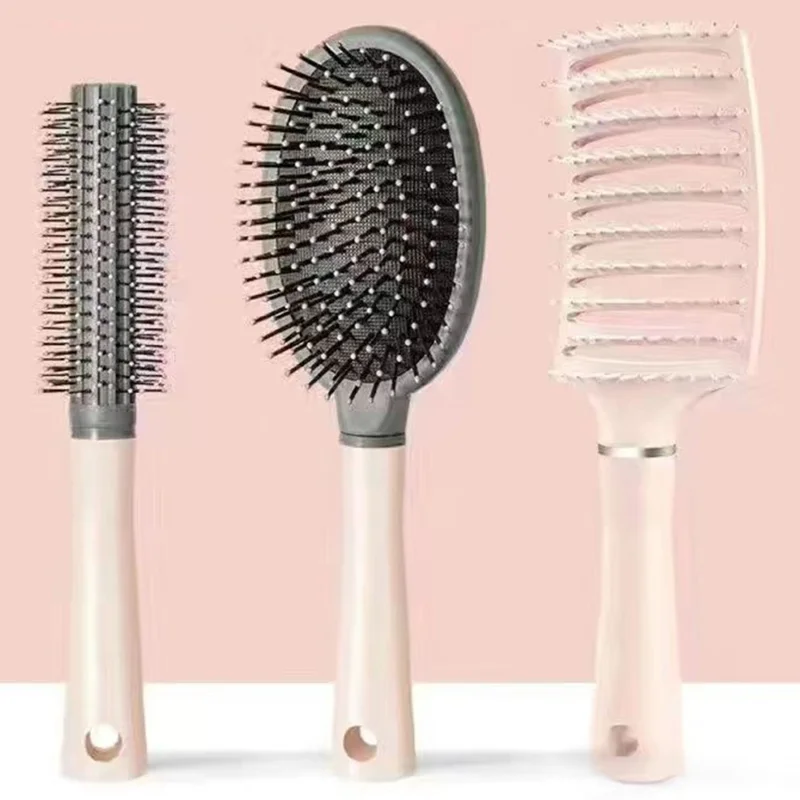 3Pcs / Set Women Hair Styling Comb Curved Comb + Curling Comb + Air Cushion Scalp Massage Comb - Pink