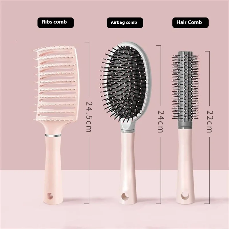 3Pcs / Set Women Hair Styling Comb Curved Comb + Curling Comb + Air Cushion Scalp Massage Comb - Pink