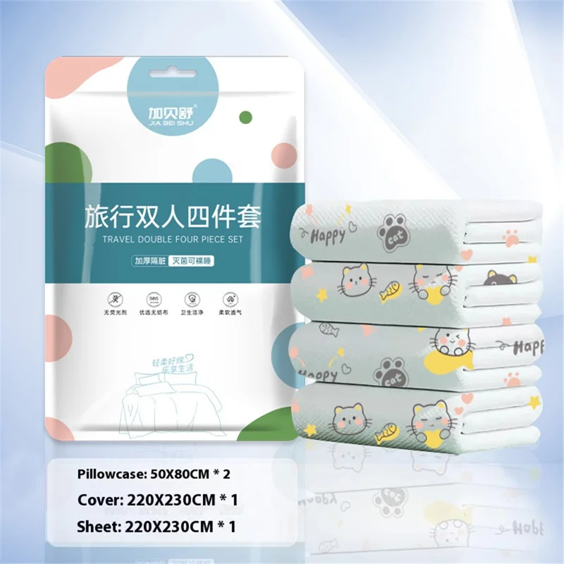 JIABEISHU Travel Disposable 4-Piece Bedding Set Bed Sheet + Quilt Cover + 2 Pillowcases - Cat Pattern