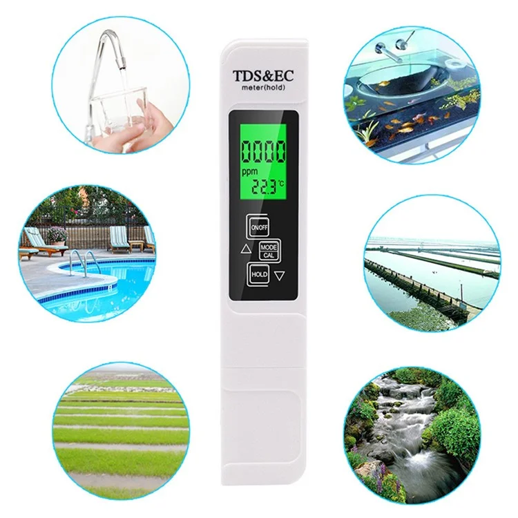 Rilevatore di qualità dell'acqua 3 in 1 Digitale LCD TDS Rilevatore di conducibilità elettrica Pennino tester di temperatura con retroilluminazione - Bianco