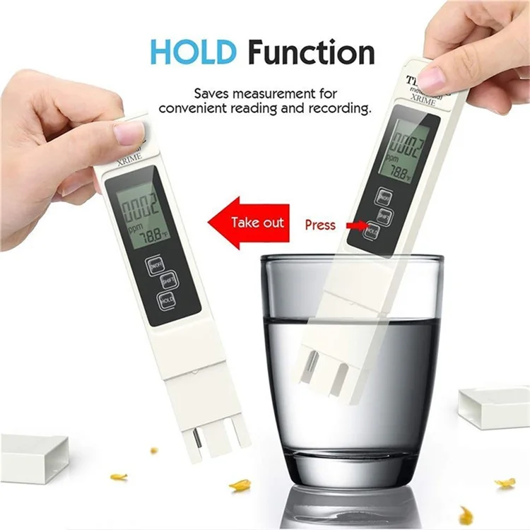 Rilevatore di qualità dell'acqua 3 in 1 Digitale LCD TDS Rilevatore di conducibilità elettrica Pennino tester di temperatura con retroilluminazione - Bianco