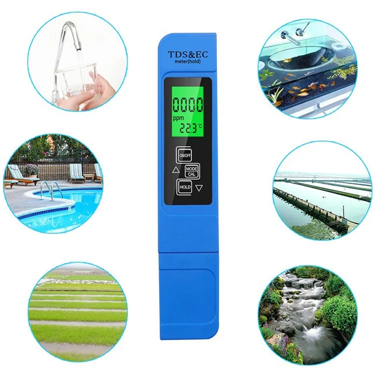 3-in-1 Water Quality Detector Digital LCD TDS EC Meter Pen Temperature Tester with Backlit - Blue