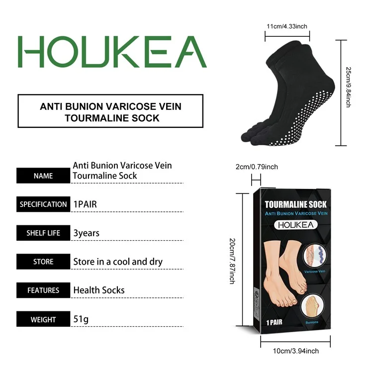 HOUKEA HKB05-A018-1-BK1 1 Paar Anti-Ballen und Krampfadern-Nicht Rutschende Turmalin-Socken