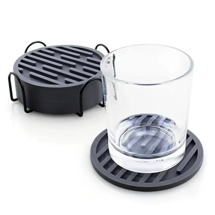 6Pcs Silicone Coasters Set with Holder Non-Slip Tabletop Protection for Kinds Cups, Hot or Cold - Black