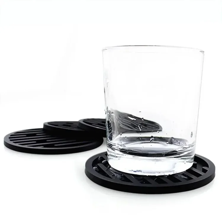 6Pcs Silicone Coasters Set with Holder Non-Slip Tabletop Protection for Kinds Cups, Hot or Cold - Black