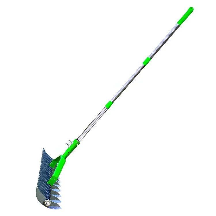 Râteau de jardin en acier inoxydable de 1,3 m et en acier allié avec des dents incurvées et un manche en 3 sections