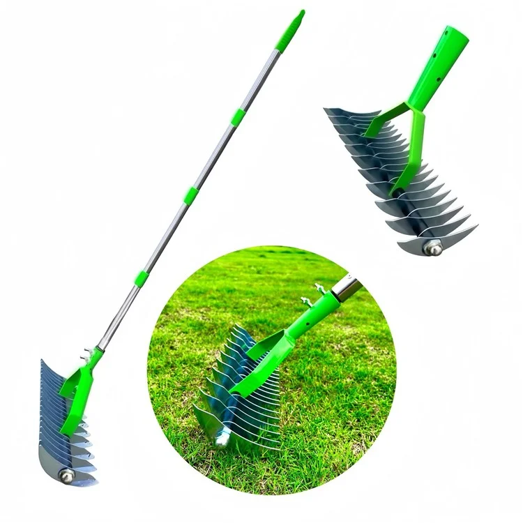 Râteau de jardin en acier inoxydable de 1,3 m et en acier allié avec des dents incurvées et un manche en 3 sections