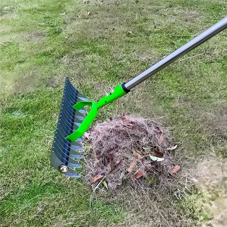 Râteau de jardin en acier inoxydable et en acier allié de 1,7 m avec des dents incurvées et un manche en 4 sections.
