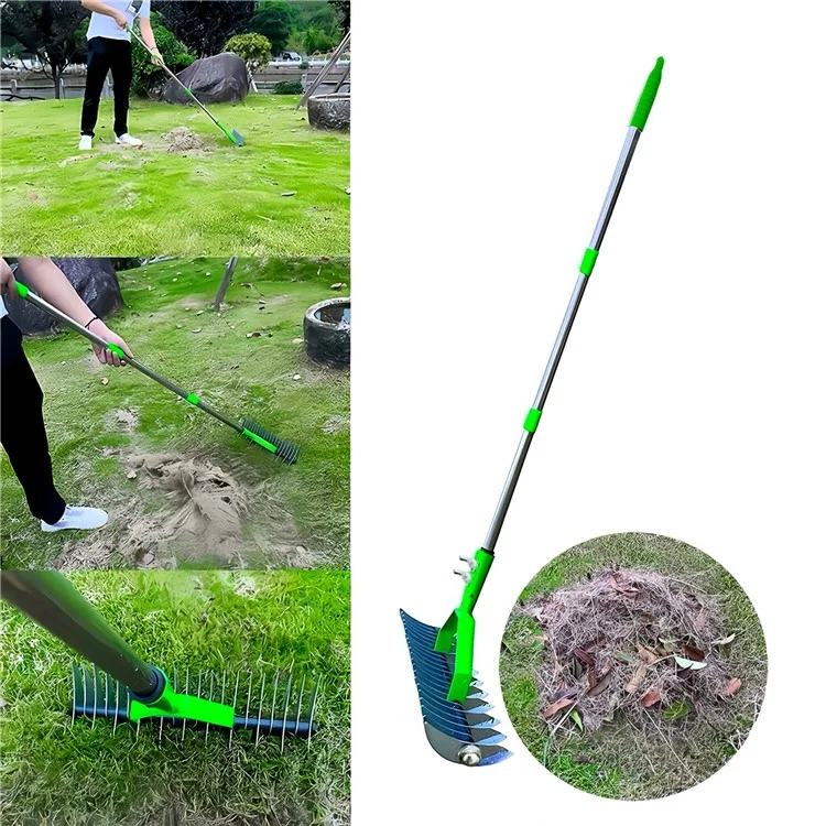 Râteau de jardin en acier inoxydable et en acier allié de 1,7 m avec des dents incurvées et un manche en 4 sections.