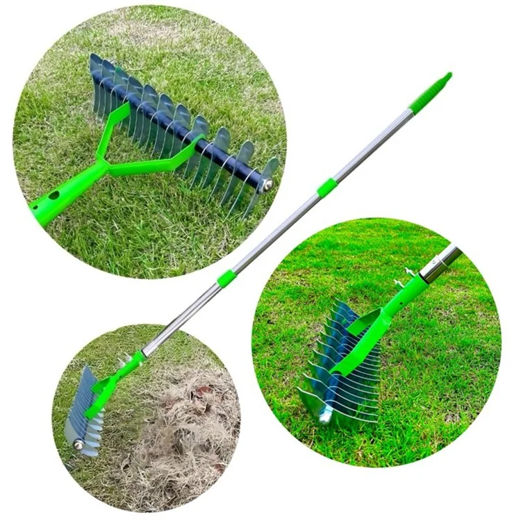 Râteau de jardin en acier inoxydable et en acier allié de 1,7 m avec des dents incurvées et un manche en 4 sections.