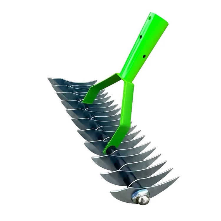Râteau de jardin en acier inoxydable et en acier allié de 1,7 m avec des dents incurvées et un manche en 4 sections.