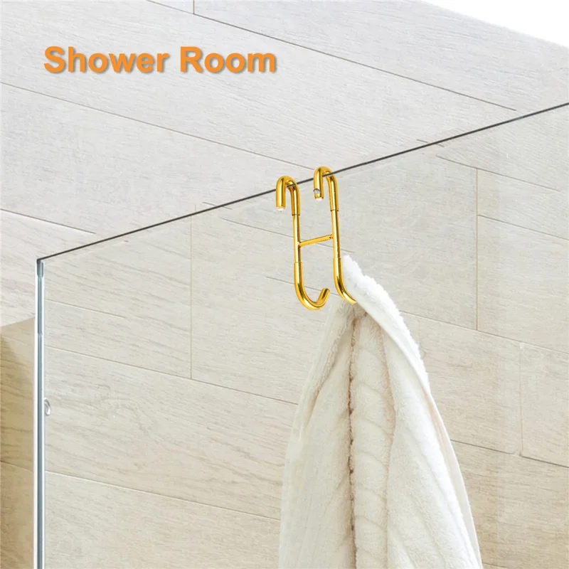Drill Free S Shape Dual Hook Space Saving Stainless Steel Hanger for Bathroom Kitchen - Gold