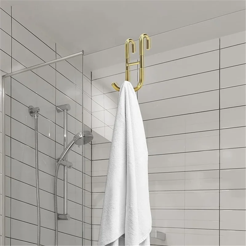 Drill Free S Shape Dual Hook Space Saving Stainless Steel Hanger for Bathroom Kitchen - Gold