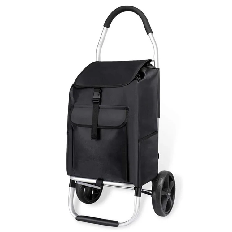 2-in-1 Aluminum Trolley Dolly Foldable Shopping Cart for Groceries with Large Wheels and Removable Bag - Black
