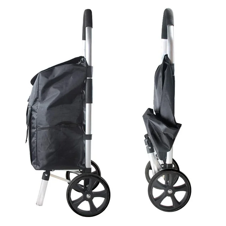 2-in-1 Aluminum Trolley Dolly Foldable Shopping Cart for Groceries with Large Wheels and Removable Bag - Black