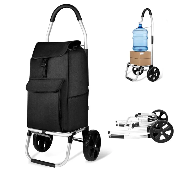2-in-1 Aluminum Trolley Dolly Foldable Shopping Cart for Groceries with Large Wheels and Removable Bag - Black