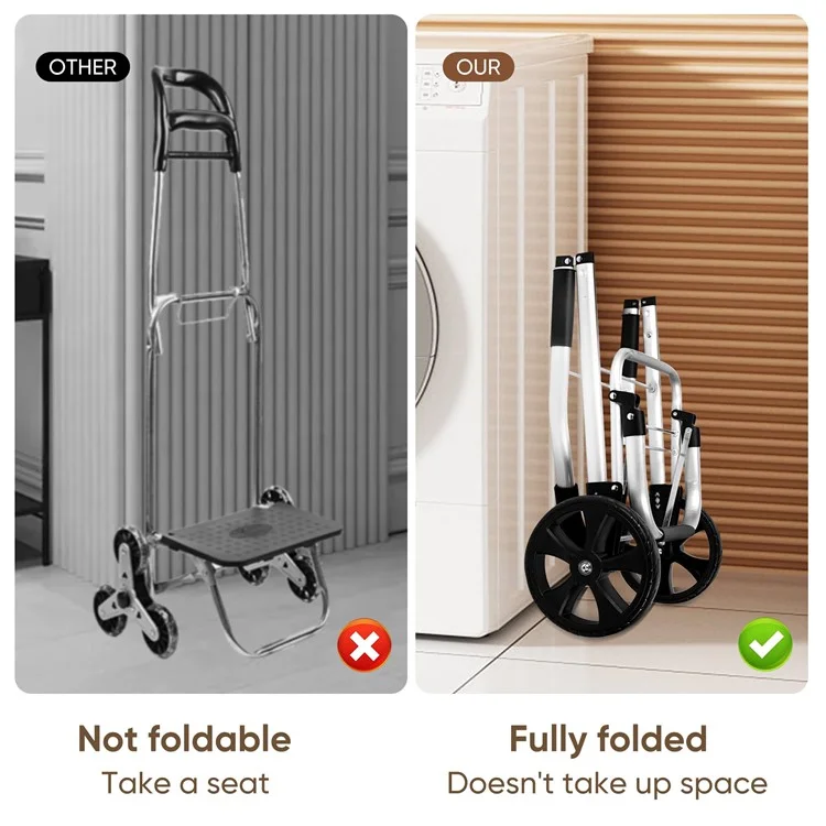 2-in-1 Aluminum Trolley Dolly Foldable Shopping Cart for Groceries with Large Wheels and Removable Bag - Black