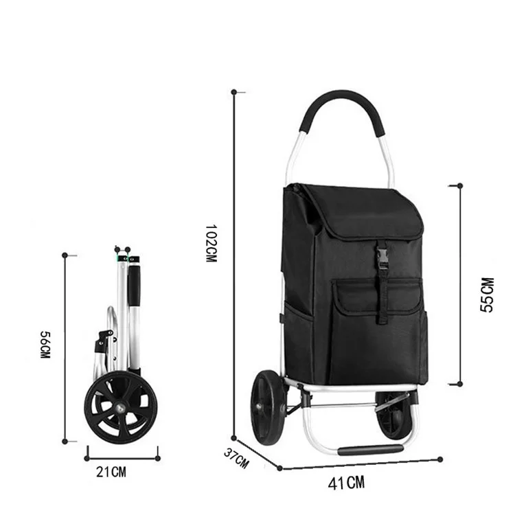 2-in-1 Aluminum Trolley Dolly Foldable Shopping Cart for Groceries with Large Wheels and Removable Bag - Black