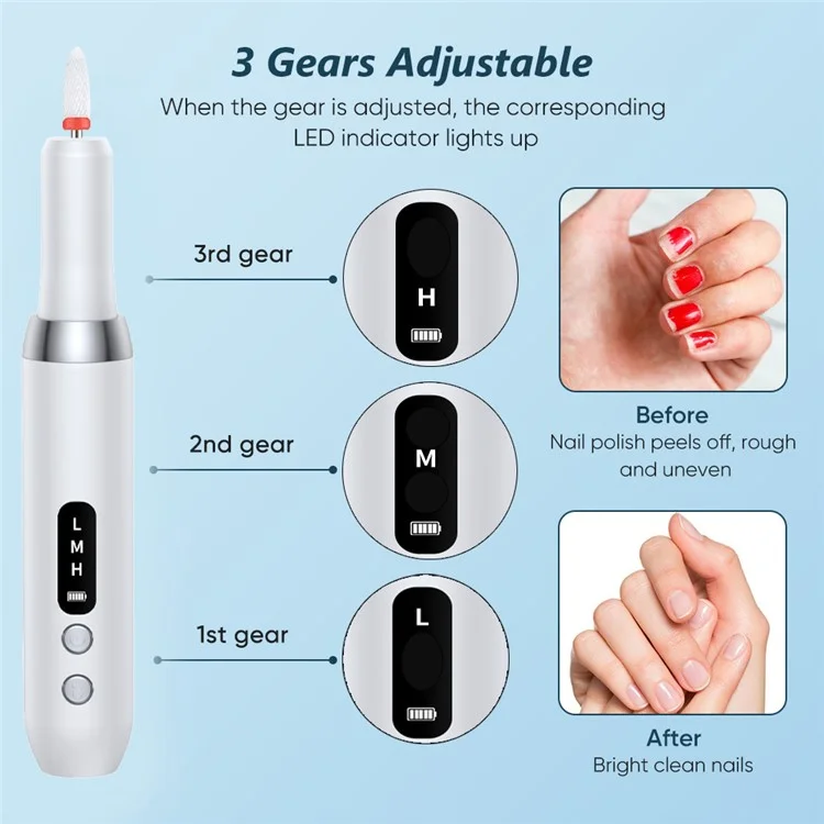 Máquina de lixar unhas K16 Portable Electric Nail File Set Manicure Pedicure Polishing Gel Removal Tool - Branco