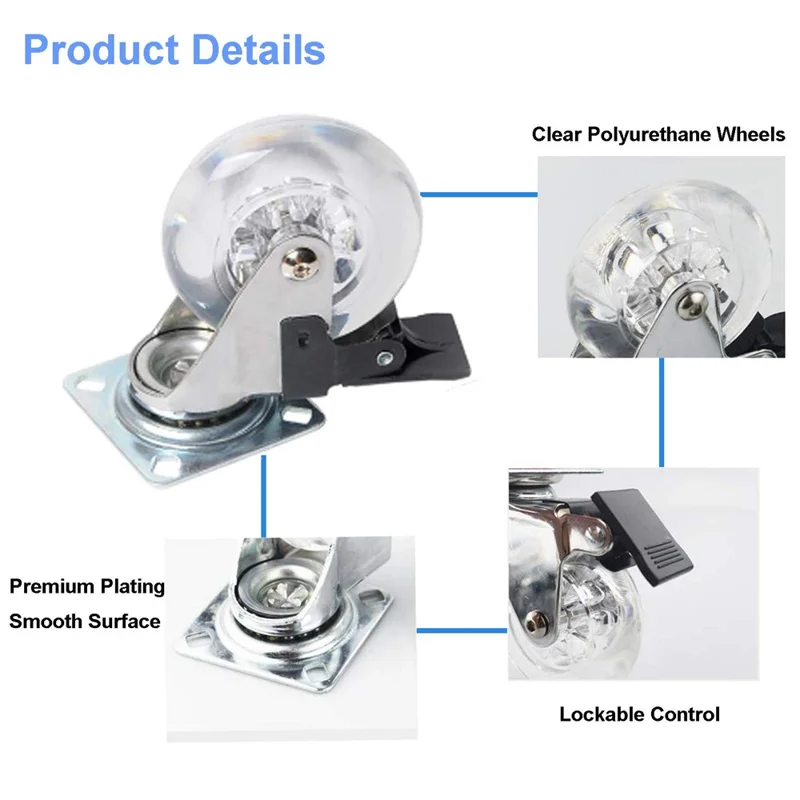 4Pcs 2-inch Crystal Clear Caster Universal Replacement Furniture Wheels with Brake