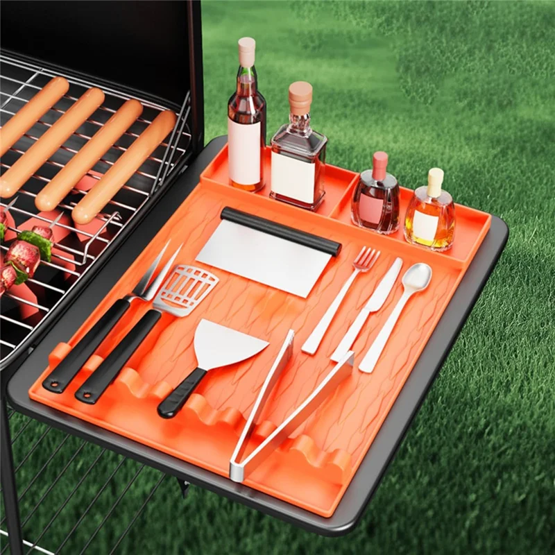 For Blackstone Silicone Griddle BBQ Utensils Mat Seasoning Bottle Spatula Holder Mat - 2 Grids / Black