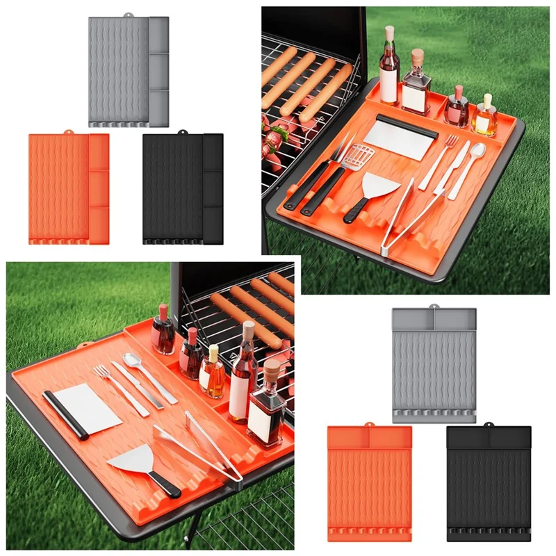 For Blackstone Silicone Griddle BBQ Utensils Mat Seasoning Bottle Spatula Holder Mat - 2 Grids / Black