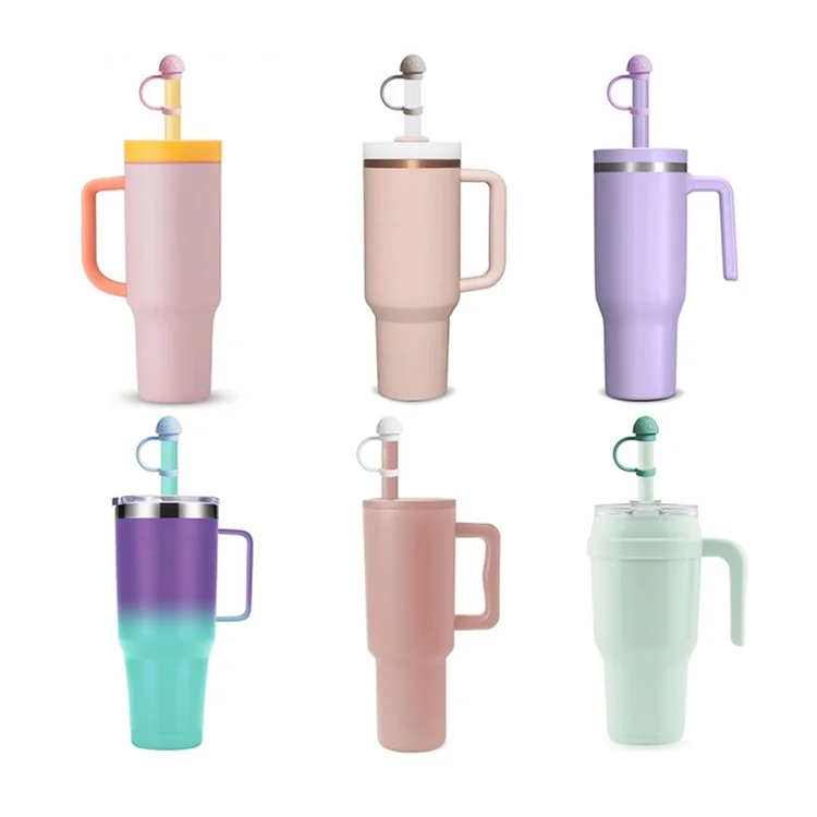 Gobelet isotherme avec couvercle en silicone pour paille de 10 mm et capuchon en forme de champignon (testé FDA, sans BPA) - Violet