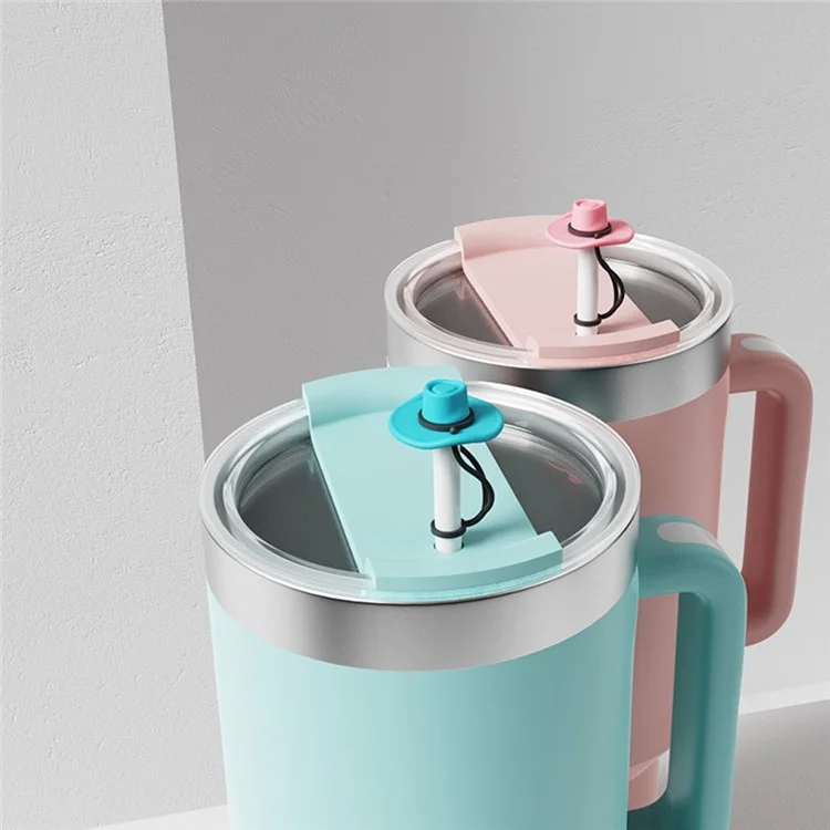 Gobelet isotherme avec couvercle en silicone et paille mignonne, anti-poussière, 10 mm (testé FDA, sans BPA) - Rose