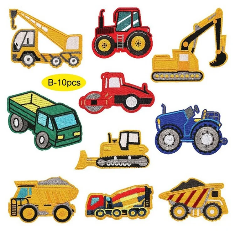 Desenho animado caminhão de construção ferro bordado remendo roupa bolsa DIY emblema adesivo conjunto - 10 peças