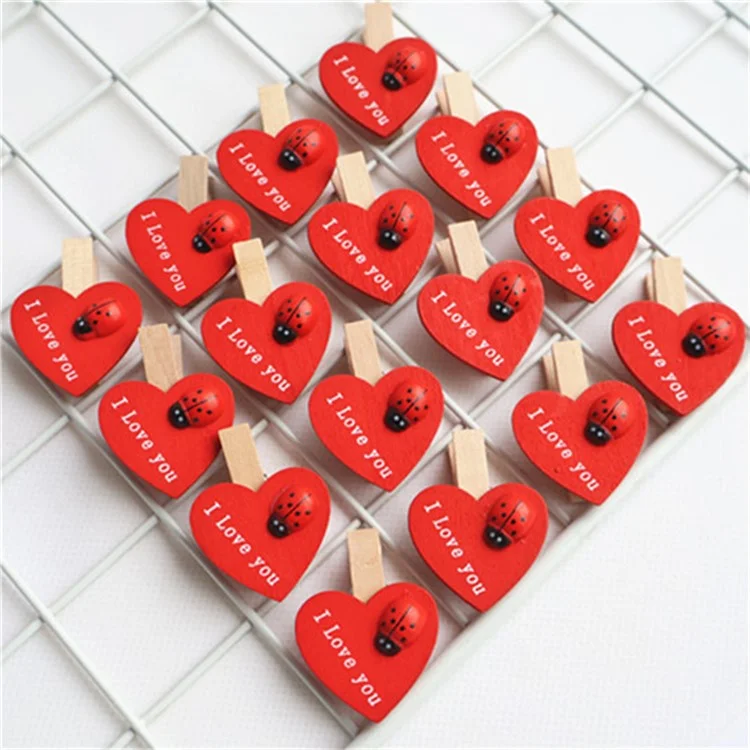 20 piezas de clips de corazón rojo de madera para amantes, regalo creativo para boda, fiesta, tarjeta, fotos