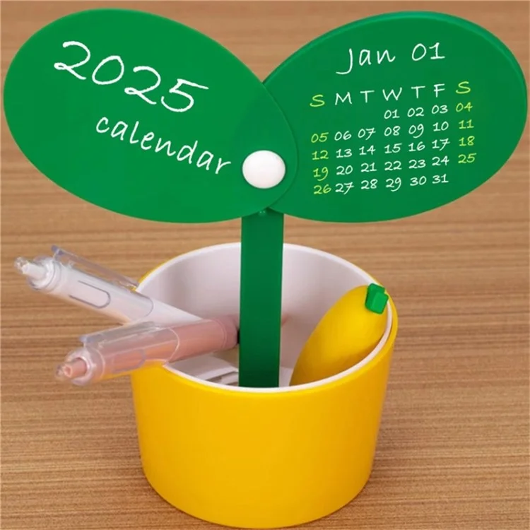 Calendario de escritorio con forma de planta creativa 2025 con soporte para bolígrafo, planificador DIY - Naranja