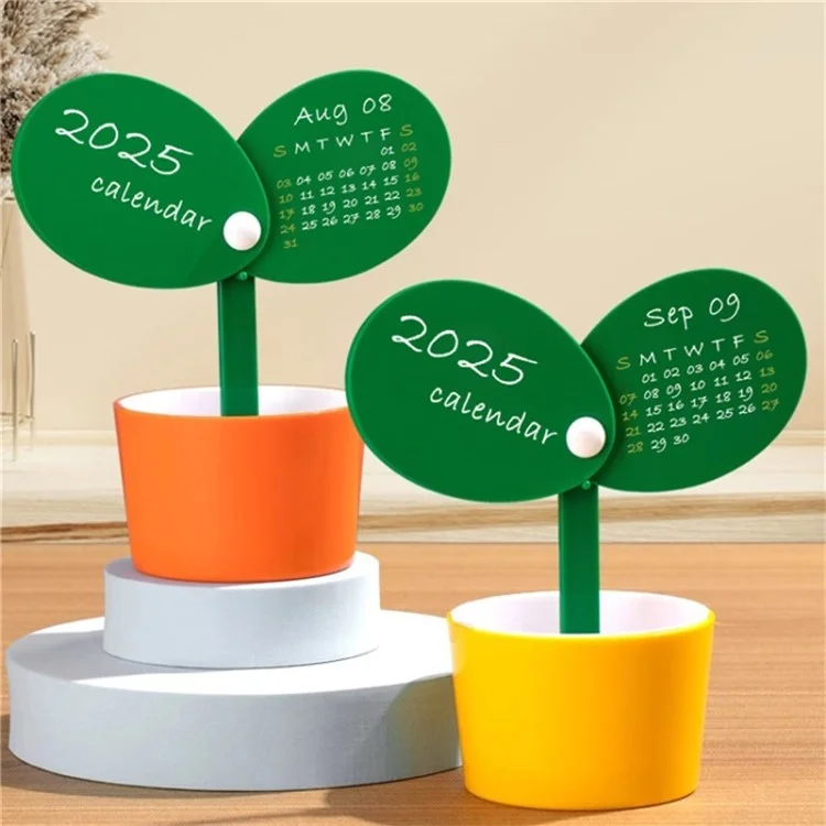 Calendario de escritorio con forma de planta creativa 2025 con soporte para bolígrafo, planificador DIY - Naranja