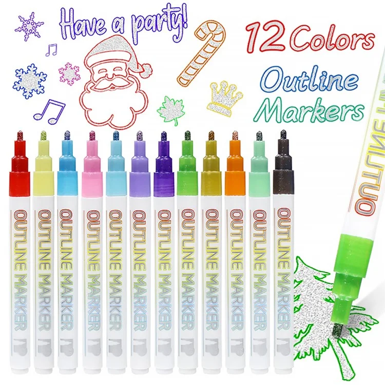 12 stylos à double ligne marqueurs contour paillettes stylos métalliques pour peinture de Noël