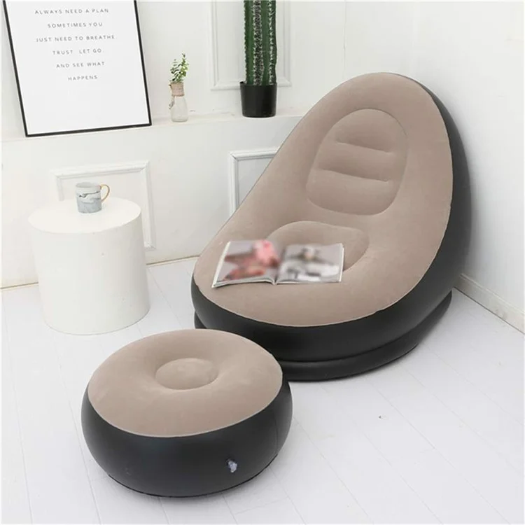 Tabouret gonflable portable épais à revêtement floqué, repose-pieds rond pour l'extérieur et les déplacements - Gris